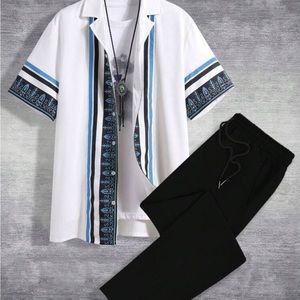 Manfinity RSRT Men Striped Print Shirt & Drawstring Pants Without Tee